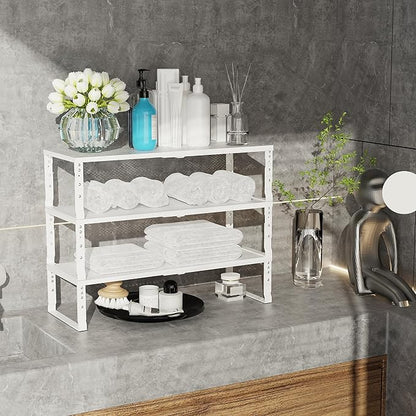 Jojocross Expandable Adjustable Stackable Kitchen Organizer, Spice Rack,Metal Pantry Storage Shelves Racks,Counter Shelf for Cabinets, Countertop, Cupboard (3 Packs/Medium/White)