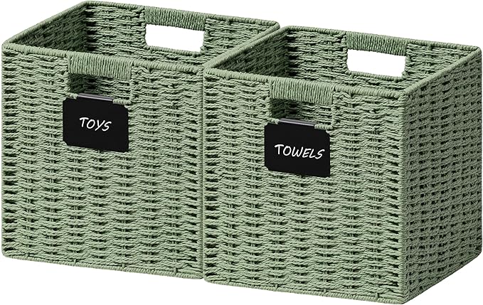 UBBCARE 2 Pack Wicker Basket, 10.5×10.5 Storage Cubes with Label, Foldable Cube Storage Bin with Handle, Square Storage Basket for Shelves, Woven Paper Rope Basket for Organizing, Green