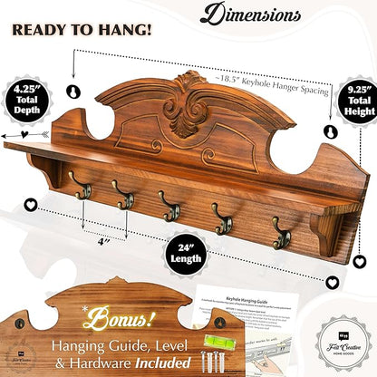 Coat Hanger Wall Mount with Shelf - Gorgeous 24" Farmhouse Coat Rack Wall Mount with Shelf with Hooks for Entryway - Wall Mounted Coat Rack for Wall Hanging Coats, Jackets, Purses, Keys (Brown)