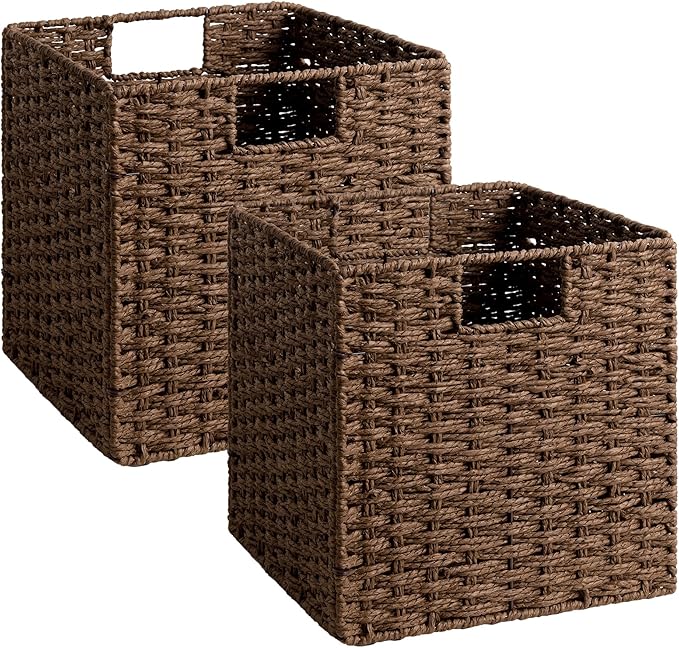 StorageWorks 11 inch Wicker Storage Cubes, Handwoven Cube Storage Bin, Square Cubes Basket, Foldable Paper Rope Basket for Organizing, Brown, 2 Pack