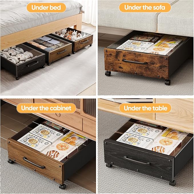 KITHELP Wooden Under Bed Storage with Wheels, 80L Extra-large Rolling Under the Bed Storage Bins 2 Pack with Removable Lid, Upgrade Metal Under Bed Drawers for Clothes Shoes Blankets in Bedroom