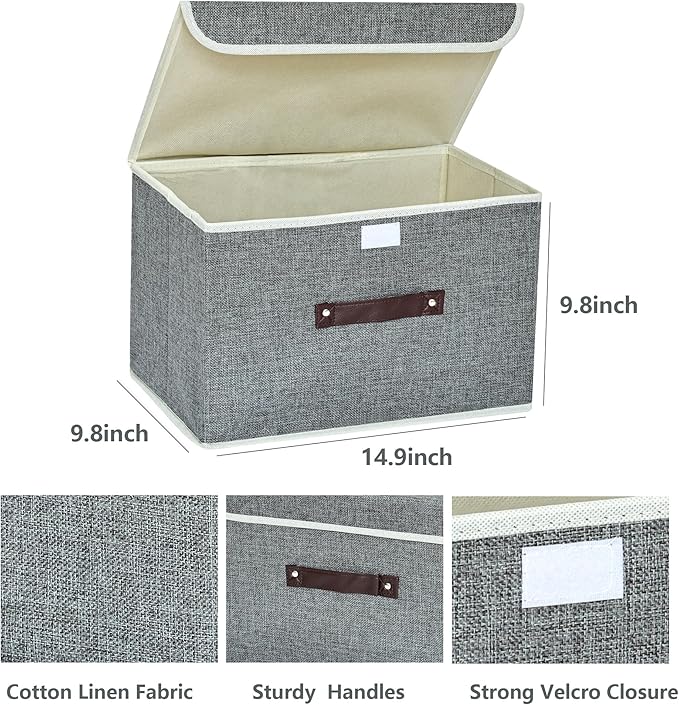Storage Bin for Shelves Foldable Storage Organizing Basket with Lid&Handles Rectangle Closet Baskets,Gray Storage Bins, Storage Boxes for Home Office Car Dormroom