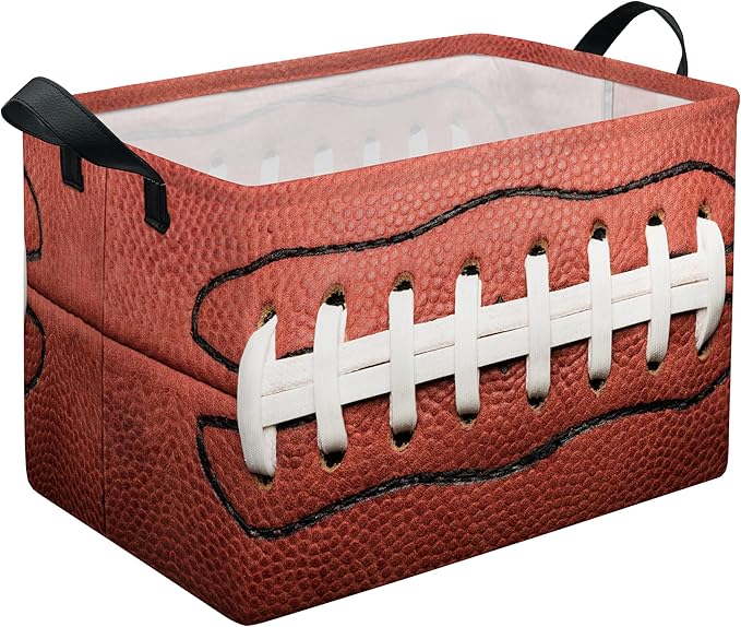 Football Storage Basket, Collapsible Waterproof Canvas Organizer Bin, Funny Rectangular Kids Toys Storage Box Rugby Sport Theme Room Decor, Shelf Baskets for Closet Bedroom Office Dorm (Red)