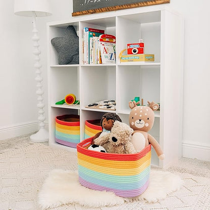 Rainbow Cotton Rope Basket for Shelf Storage - 15"×10"×9½" - Colorful Decorative Basket for Kids - Nursery, Playroom, Classroom - Toy Storage, Books, Towels