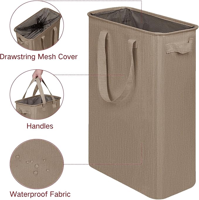 efluky Slim Laundry Basket, Narrow Laundry Hamper with Handles, Collapsible Dirty Clothes Hamper, Tall Laundry Bin for Laundry Room, Dorm and Bedroom, 12.7 Gallons(48L) Flax Brown