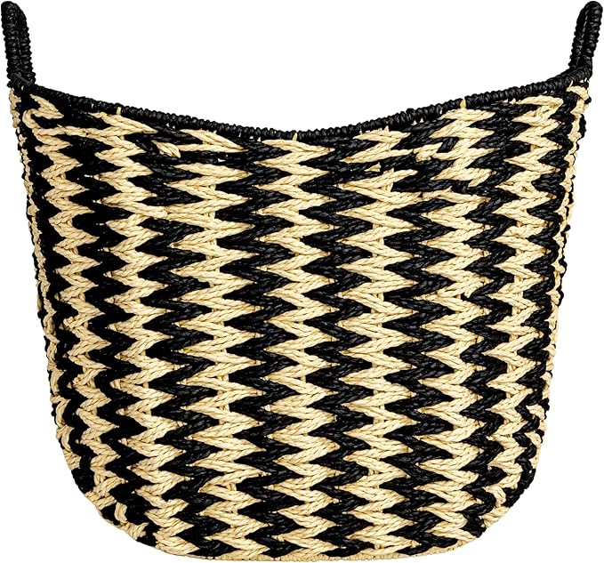 Household Essentials Zigzag Woven Paper Rope Basket, Black and Natural