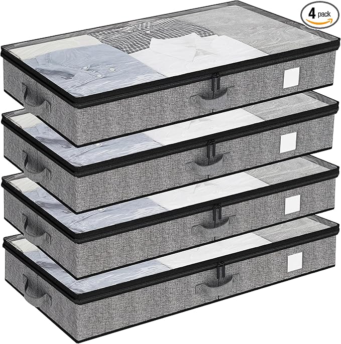 Fixwal Under Bed Storage Containers 4 Pack, Reinforced Underbed Organizer Below 4.5 Inches Low Profile Clothes Storage Bins with Sturdy Sidewalls and Bottom