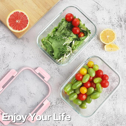HOMBERKING 4 Pieces 63oz/8cup Large Glass Food Storage Containers with Lids, Meal Prep Containers, Airtight Bento Boxes with Leak Proof Locking (2 Containers + 2 Lids), Microwave, Oven Safe-Pink