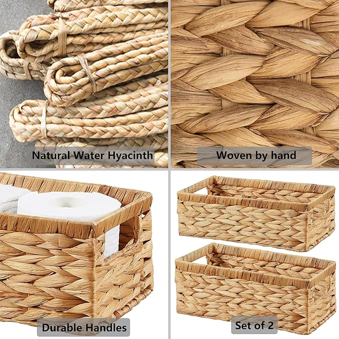 Vagusicc Wicker Storage Basket, Set of 2 Hand-Woven Water Hyacinth Wicker Baskets for Organizing Decor Storage Bins for Counter Shelves Pantry Basket Small Toilet Paper Basket for Toilet Tank Top