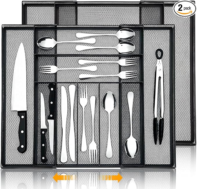 2 Pcs Utensil Drawer Silverware Organizer, Metal Mesh Expandable 13" ~24" Kitchen Drawer Organizer, 7-9 Slots Cutlery Tray Dividers for Kitchen Flatware Christmas Housewarming Gift (Black)