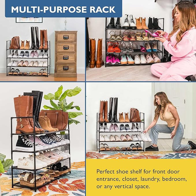 Sundaze Shoe Rack - 4 Tier Shoe Rack for Front Door Entrance, Sturdy Long Shoe Organizer for Closet, Bedroom, Entryway, Garage, Non Woven Fabric Shelf, Black, Holds Up to 20 Pairs