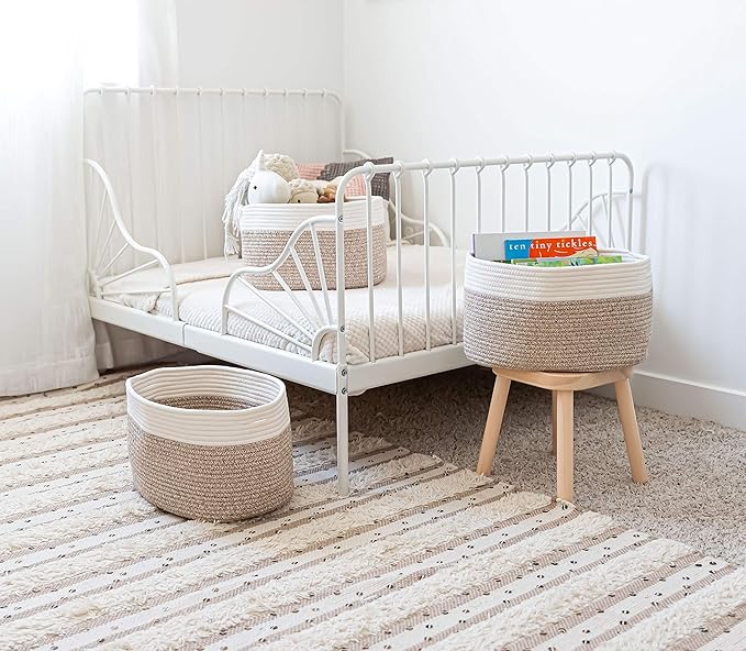 Brown Cotton Rope Baskets for Shelves, Set of 3-15"×10"×9½" - Woven Storage Baskets for Organizing - Closet, Nursery, Bedroom, Playroom - Toys, Books, Towels, Clothes