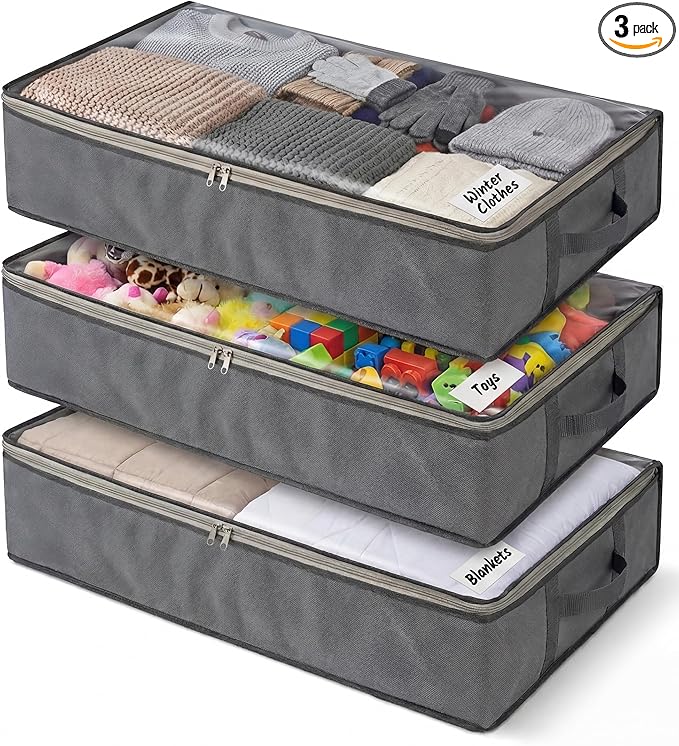 NeatNestly SmartCube Under Bed Storage Bags - 3 Pack Large 39" x 18" x 6" Gray Containers with Reinforced Handles, Foldable Underbed Storage Organizer for Clothing, Blankets & Shoes