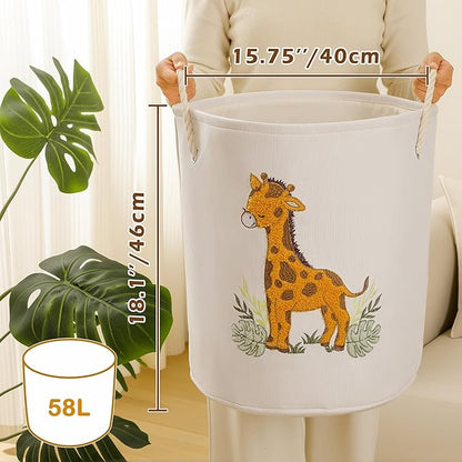 Kids Laundry Basket Baby Hamper for Nursery, Canvas 58L Large Dirty Clothes Hampers with Drawstring Closure, Jungle Theme Baby Basket, Animal Baskets Toy Laundry Hamper, Safari Nursery Decor, Giraffe