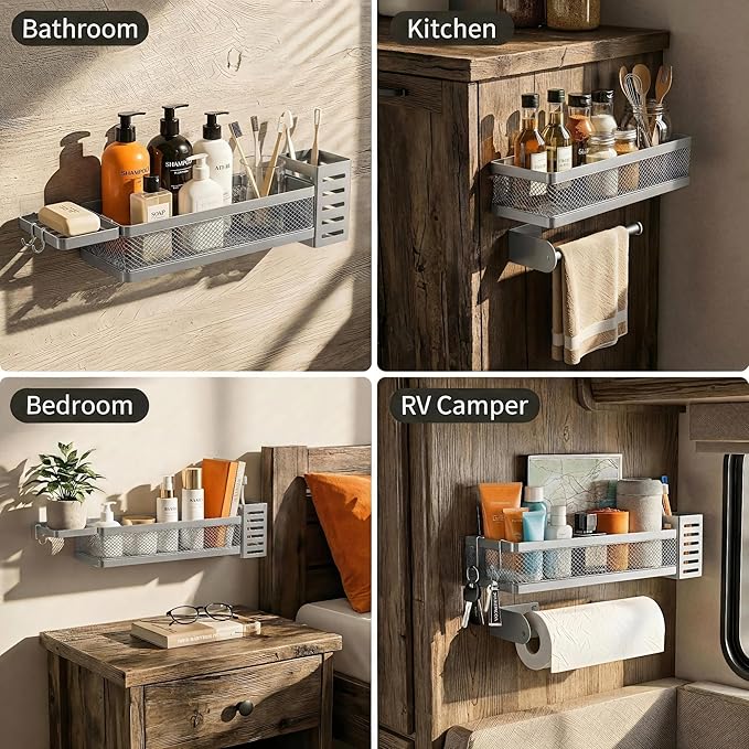 PUSDON 5-in-1 Wide Wall Mount Wrapped Mesh Kitchen Organizer & Shower Caddy Kit, with Paper Towel Holder, Utensil Holder, Soap Dish, Heavy Duty 50LBS - Silver Gray, Netting
