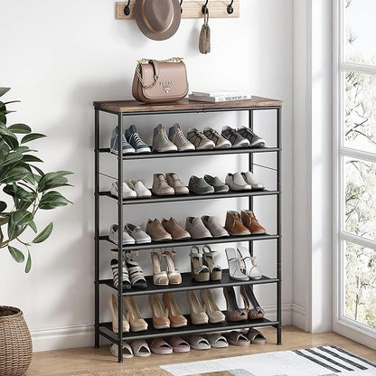 INGIORDAR Shoe Rack Organizer 6 Tier Metal Organizer Shelf with Industrial MDF Board and Layer Fabric for Entryway Closet Bedroom Living Room Garage,Black & Rustic Brown (Black+Rustic Brown, 6 Tier)