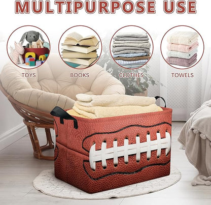 Football Storage Basket, Collapsible Waterproof Canvas Organizer Bin, Funny Rectangular Kids Toys Storage Box Rugby Sport Theme Room Decor, Shelf Baskets for Closet Bedroom Office Dorm (Red)
