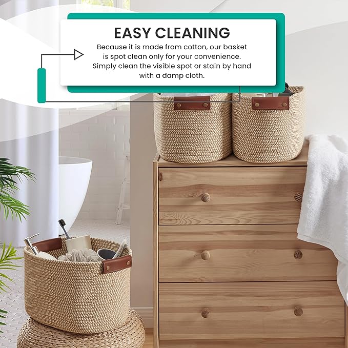 3 Pack Cotton Rope Storage Basket Woven Shelf Bin with Faux Leather Handles, Decorative Closet Shelf Woven Basket for Organizers, 15 x 10 x 9, Multi-Brown