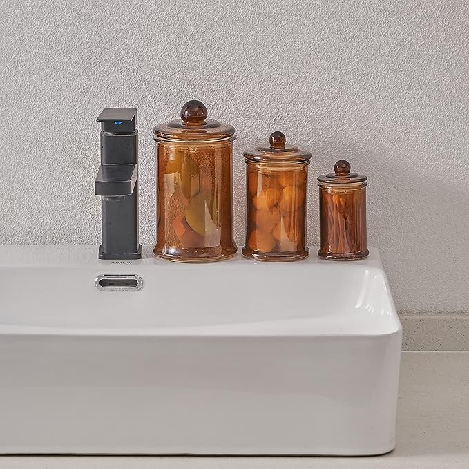 KMwares 3PCs Set Small Glass Premium Quality Apothecary Jars with lids Bathroom Accessories Vanity Organizer Canisters for Cotton Balls/Swabs, Makeup Sponges, Bath Salts, Q-Tips(Brown jar)