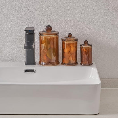 KMwares 3PCs Set Small Glass Premium Quality Apothecary Jars with lids Bathroom Accessories Vanity Organizer Canisters for Cotton Balls/Swabs, Makeup Sponges, Bath Salts, Q-Tips(Brown jar)