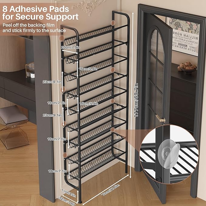 UMDONX 9 Layer Shoe Rack for 27 Pairs Shoes, Freestanding Shoe Organizer with 12 Hooks & 8 Adhesive Pads, Space-Saving Vertical Storage for Entryway and Walk-in Closet Width 27.56 inch（70cm）