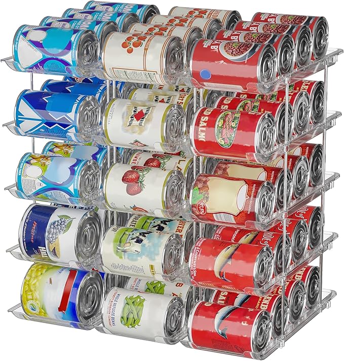 Can Organizer For Pantry, Adjustable Height And Width Canned Goods Organizer, Soup Can Organizer Holds Up to 60 Cans for Kitchen Cabinet or Refrigerator(CLear 5 Tier)