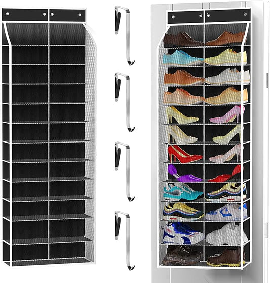 Kotkn 24-Pair Over Door Shoe Organizer for Family & Kids, Double Sided | Hanging Storage for Sneakers, Boots, Toys & Room Organization-Obsidian Black
