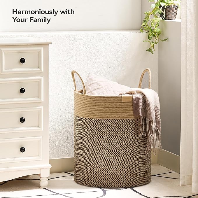 Nunsino Laundry Hamper 62L,Large Laundry Basket for Clothes,Decorative Storage Basket for Blankets,Cotton Rope Woven basket for bedroom,Dark Brown