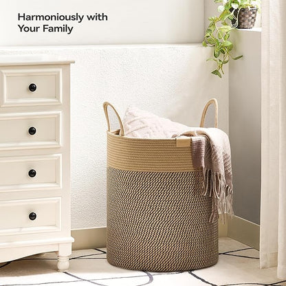 Nunsino Laundry Hamper 62L,Large Laundry Basket for Clothes,Decorative Storage Basket for Blankets,Cotton Rope Woven basket for bedroom,Dark Brown
