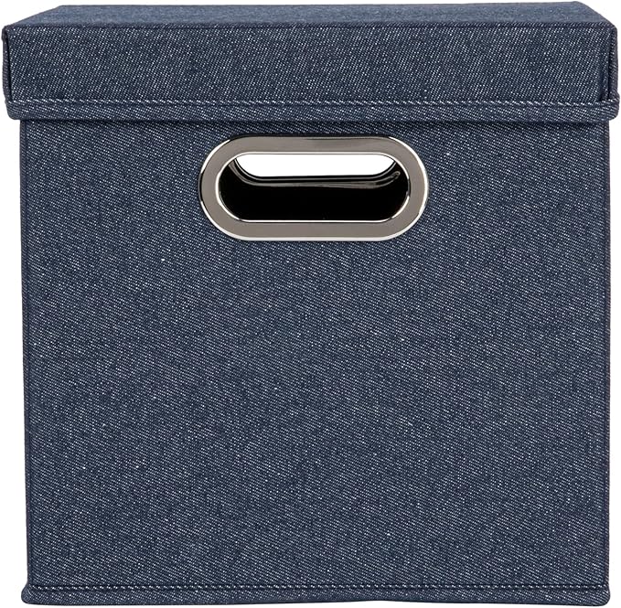 Household Essentials Collapsible Cotton Blend Cube Storage Box with Lid and Metal Grommet Handle, Set of 2, Denim