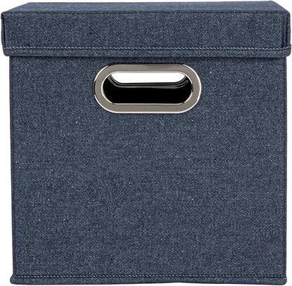 Household Essentials Collapsible Cotton Blend Cube Storage Box with Lid and Metal Grommet Handle, Set of 2, Denim