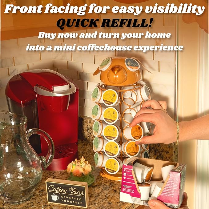 Made Easy Kit Carousel Coffee Pod Holder, Compatible with Keurig K-Pods K-Cups, Countertop Rack Storage Organizer, Metal Home and Kitchen Decor, Capsule Café Station Bar (Small, Brown Dog)