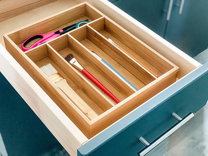 Drawer Organizer 100% Organic Bamboo| Premium Cutlery and Utensil Tray| Perfect For The Kitchen, Bathroom, Desk, etc.| Kitchen Drawer Divider with 5 Compartments