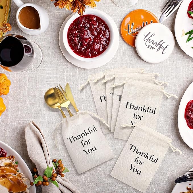 48 Pcs Thanksgiving Utensil Holders Rustic Farmhouse Canvas Linen Cutlery Bags 4 x 6 Inches Thankful for You Silverware Holders for Thanksgiving Autumn Fall Table Decor Party Favor