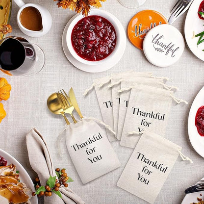 48 Pcs Thanksgiving Utensil Holders Rustic Farmhouse Canvas Linen Cutlery Bags 4 x 6 Inches Thankful for You Silverware Holders for Thanksgiving Autumn Fall Table Decor Party Favor