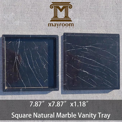 Square Natural Marble Vanity Tray: Luxury 8x8 Polished Organizer for Bathroom Kitchen Dresser Makeup Jewelry Coffee Table Home Decor, Black
