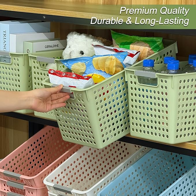 Soddeph Slim Plastic Storage Basket with Handles, Narrow Organizer box for Shelves, Organizer box for Organizing, Kitchen,Home,Office (Green, Large)