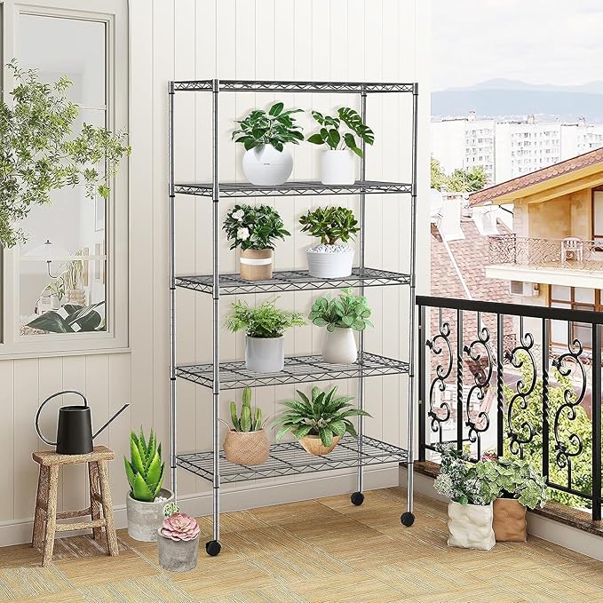 5-Tier Wire Shelves 61" H x 30" x 14" Metal Storage Shelves Adjustable Wire Shelving Rack with Wheels & Leveling Feet NSF Metal Shelf Unit for Kitchen Pantry, 1200Lb Capacity, Chrome
