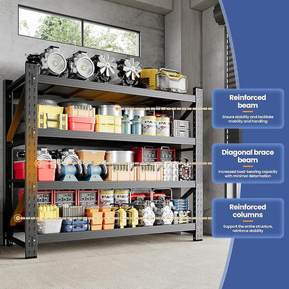 5000LBS Storage Shelves, 71" W Heavy Duty Garage Shelving Unit, Adjustable Industrial Shelving, 4 Tier Metal Shelving for Garage, Supermarket, Warehouse, 71" W x 24" D x 70" H