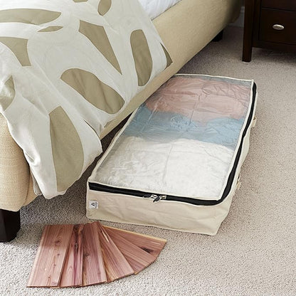 Household Essentials Cedarline Under Bed Storage Bag, Heavy-Duty Cotton Canvas, Textured PEVA Top with Durable 3-Sided Zipper, Front Handles, Foldable, Space-Saving, Natural