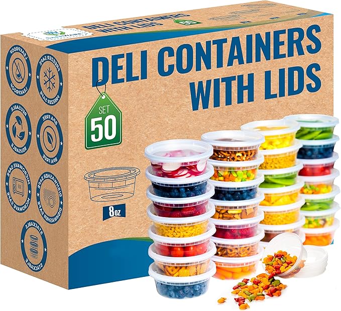 Deli Plastic Food Containers with Airtight Lids [50 Sets], Leakproof Slime Small Combo Pack [Reusable, Storage, Disposable, Meal Prep, Soup, Microwaveable & Freezer Safe] (8oz)