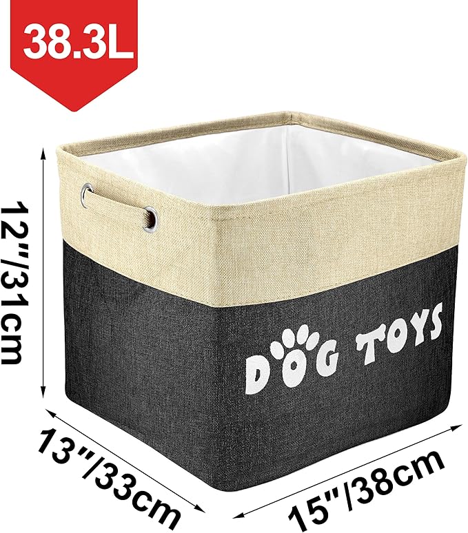 PET ARTIST Dog Toy Basket, Collapsible Dog Toy Bin Box with Comfortable Handles, Large Pet Toy Storage Basket Organizer for Accessories, Toys,Coat & Clothing,Blanket Leash (Black, L:15"x13"x12")