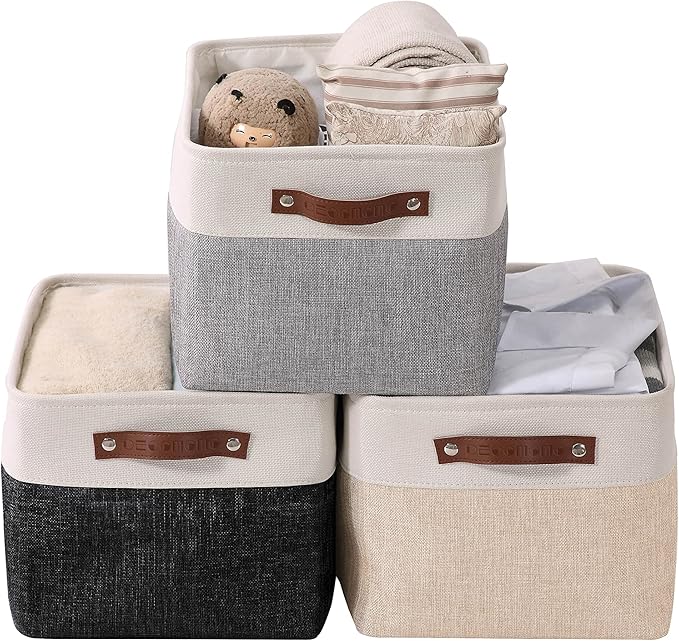 DECOMOMO Storage Bins, Large Fabric Storage Baskets for Shelves, Decorative Linen Closet Organizer, 15 x 11 x 9.5 inches (Mixed Neutral, 3 Pack)