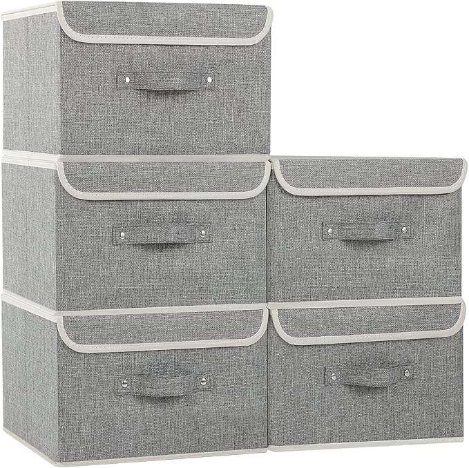 Fabric Storage Bins Cube Organizers with Flip-Top Lid and Handles,Storage Boxes for Organizing Home,Office,and Closet,Grey,5 Pack 13 X 9.1 X 7.9 in