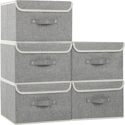 Fabric Storage Bins Cube Organizers with Flip-Top Lid and Handles,Storage Boxes for Organizing Home,Office,and Closet,Grey,5 Pack 13 X 9.1 X 7.9 in