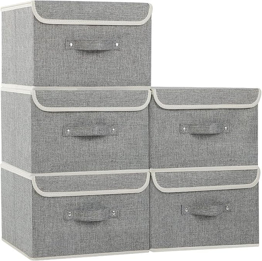 Fabric Storage Bins Cube Organizers with Flip-Top Lid and Handles,Storage Boxes for Organizing Home,Office,and Closet,Grey,5 Pack 13 X 9.1 X 7.9 in