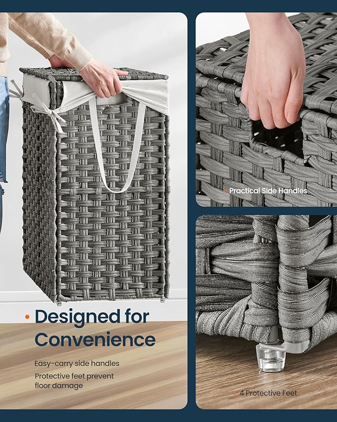 SONGMICS HOME Laundry Hamper with Lid, Clothes Basket with Removable Liner and Handles, 23.8 Gallon, Foldable Narrow Laundry Organizer for Bathroom, Bedroom, Gray