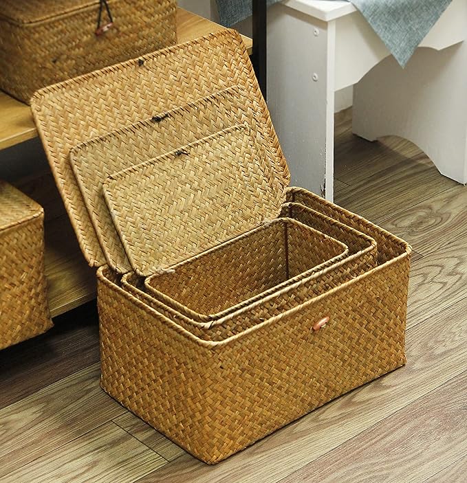 FEILANDUO Wicker Shelf Basket with Lids, Seagrass Storage Baskets Bins Rectangular Woven Baskets Boxes for Organizing Multipurpose Container Boho Home Decor Set of 3