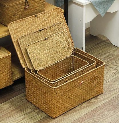FEILANDUO Wicker Shelf Basket with Lids, Seagrass Storage Baskets Bins Rectangular Woven Baskets Boxes for Organizing Multipurpose Container Boho Home Decor Set of 3