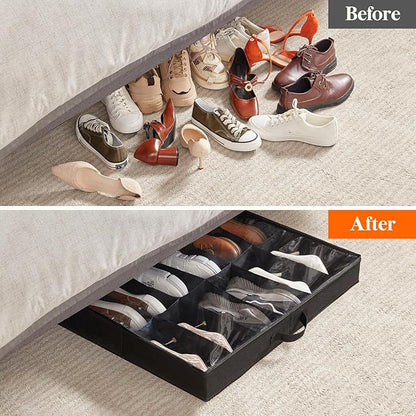 Lifewit Under Bed Shoe Storage Organizer 2 Pack(12 Shoes Cells+4 Boots Cells), 4.3 Inches Profile Fabric Shoes Container Box with Clear Cover, Foldable Storage Bag with 2 Handles, Fits 20 to 32 Pairs